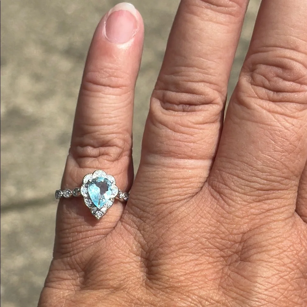 Pear Cut 1.25 tcw Genuine Aquamarine & Diamond Ring Sterling Silver Size 7